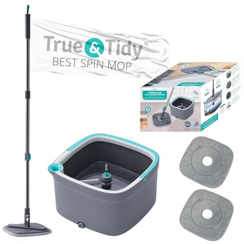 Spin Mop and Bucket with Separate Compartments for Clean and Dirty Water New 2025 Upgraded Version w/Side Brush and Self Standing Handle, Smart Square Mop w/ 2 Machine Washable Microfiber Pads, Gray