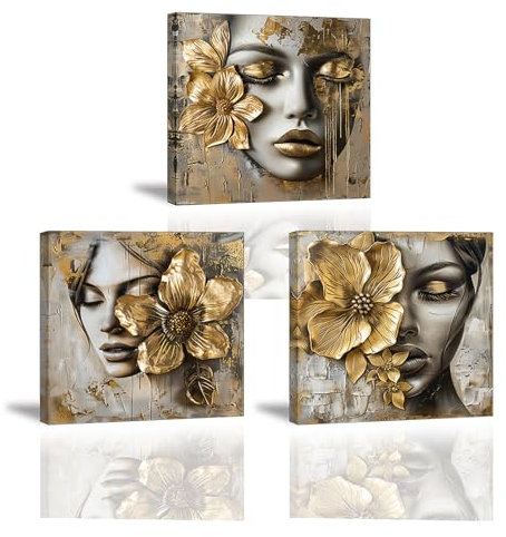 Piy Painting Tableau Sur Toile Doré, Belle Femme Image Sur Toile, Art Mural Fleur, Romantique Imprimée Pour Chambre à Coucher Couloir Café, Ensemble De 3 30X30 CM/90X30 CM