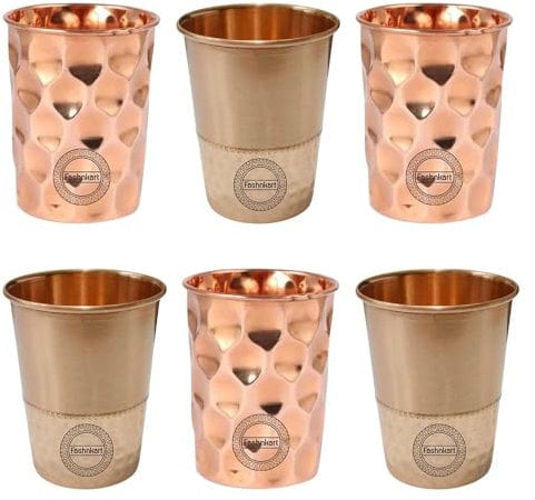 Fashnkart Halbgehämmertes Wasserglas aus reinem Kupfer in Diamantform, Moscow Mule-Glas für die ayurvedische Heilkunde, 6er-Set, 300 ml