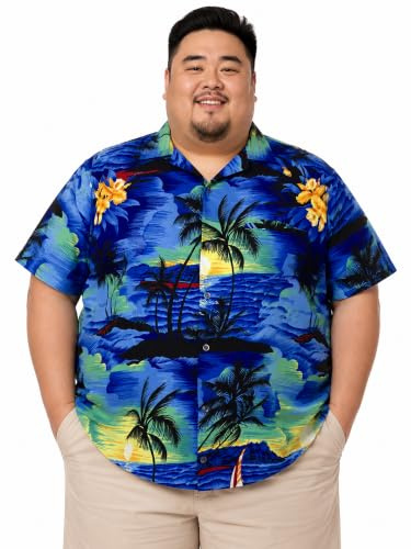King Kameha Übergrößen 7XL–12XL Herren Hawaiihemd Kurzarm, Sommer Aloha Shirt mit Surfen-Print
