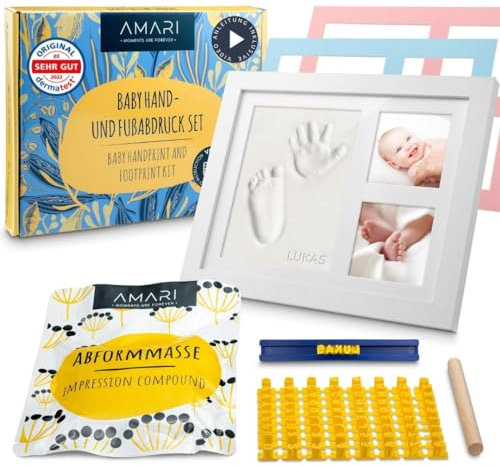Amari® Gipsabdruck Set Baby Hand- und Fuß – Abdruckset Baby mit Bilderrahmen - Baby Geschenk - Fußabdruck Baby, Handabdruck Set, Baby Zubehör, Neugeborenen Geschenk, Babyparty