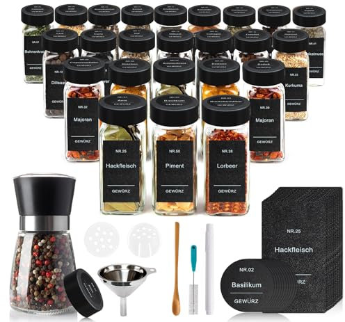 Mocraft 24 Gewürzdosen Eckig Schwarz mit Gewürzmühle und 200 Gewürzetiketten Gewürz Organizer 10,5 x 4,5 cm Gewürzgläser Leer Set - 120ml