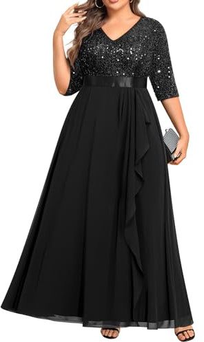 Talisea Formelle Kleider in Übergröße – V-Ausschnitt, 3/4-Ärmel, Pailletten-Abendkleider, Abschlussball, Gala, Hochzeit, Gäste, Chiffon, langes Maxikleid