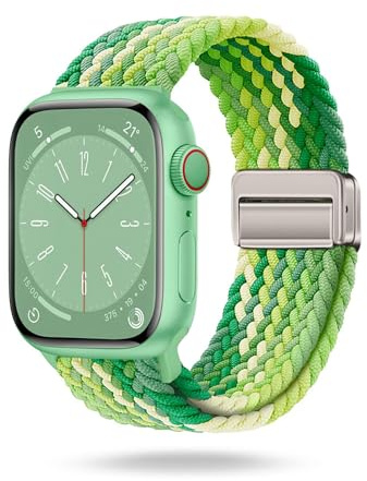 ONEFLOW Casual Loop Kompatibel mit Apple Watch SE 2 (44mm) Geflochtenes Armband Elastisch, Textil iWatch Armbänder Damen Herren, Sport Nylon Stoff Band Verschluss Magnetisch, Grün