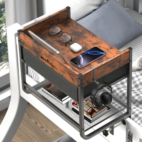 Housolution 2 Tier Bedside Shelf for Top Bunk & Loft Beds, Bunk Bed Shelf with Fabric Drawer, Tablet Slot,Clip on Nightstand for College Dorm Rooms, Small Apartments, Bedrooms with Limited Space