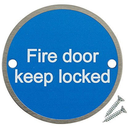 Fire Door Guru® Pack of 10 Fire Door Keep Locked Safety Sign - 76mm Disc - Stainless Steel Safety Sign - Fixings Included