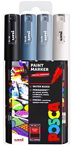 POSCA - Marqueurs de peinture artistique PC-1M - Lot de 4 - dans un étui en plastique (Grey Tones)
