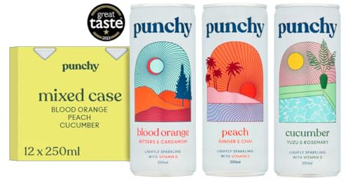 Punchy Drinks - Mixed case of Blood Orange, Cucumber & Peach - Premium Soft Drink, Mixer, Sparkling Waters, Vitamin D, All Natural, Low Calorie, Non Alcoholic - 12 x 250ml