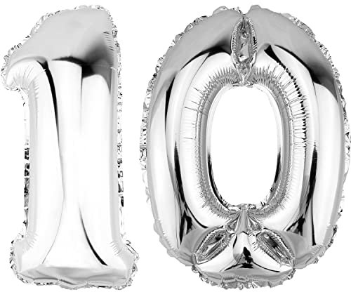 DekoRex Folienballon Silber 40cm Geburtstag Jubiläum Hochzeit Deko (Zahl 10)