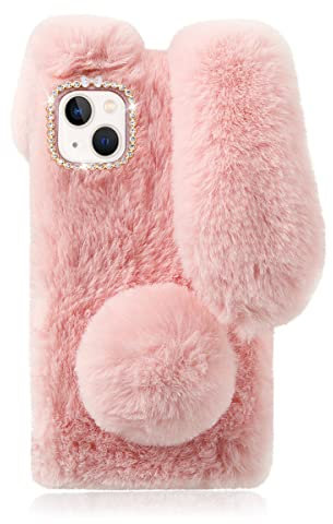 Cute Bunny Fluffy Fur Plush Case for 13: Pink Furry Girly Cover 3D Animal Fuzzy Protective Case Faux Rabbit Cony hair kawaii Kid Cartoon Fun Women Phone Shell for 13