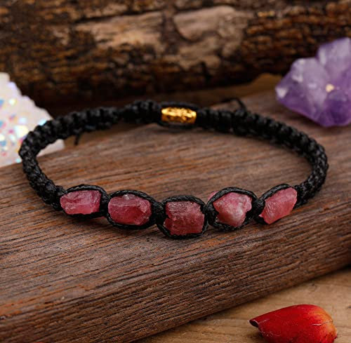 JIANGZ Edelstein Armband, Natürlicher Rohstein Roter Turmalin Chakra Armbänder Freundschaftsarmband Verstellbarer Charme Geflochtenes Armband Glücksgeschenk Für Frauen Prom Party Schmuck