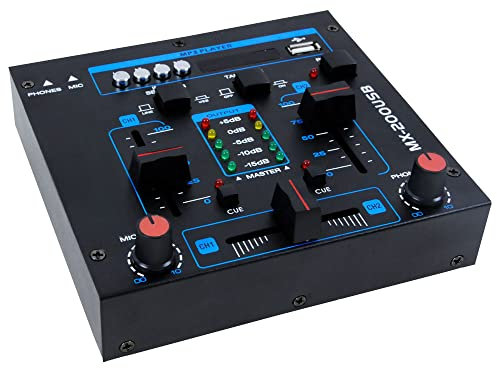 etc-shop DJ Mischpult Party Musikanlage Mixer USB/MP3 Crossfading Talkover Kanalfading Partykeller, schwarz rot blau, HxBxT 40x150x140mm