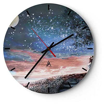 Modern Wanduhr Himmel Mond Liebhaber 40x40cm Rund Groß Wand Uhr Glas Analog Zimmeruhren Küche Büro Wohnzimmer Glasuhr Wall Clock Dekoration Design Wanddekoration Küchenuhr C3AR40x40-4800