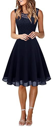 Onsoyours Robe de Cocktail Femme Longue Robes Soirée en Dentelle Mousseline de Soie Robes Chic Elégant sans Manches Sexy Robe Asymétrique A1 Marine 3XL