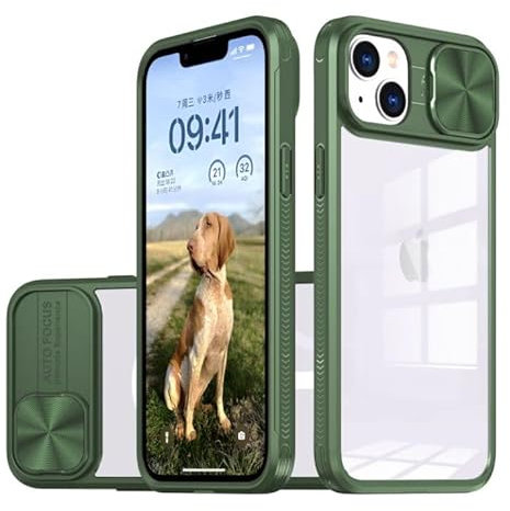 MHtech for iPhone 13 Case with Camera Cover, Slim Fit Shockproof Protective Soft Bumper Case with Slide Lens Protection Designed for 13(Green)