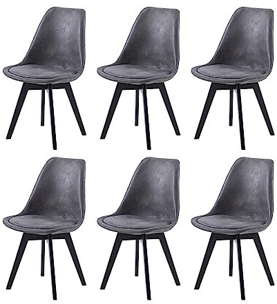 EGGREE 6er Set Esszimmerstühle Skandinavisch Design SGS Geprüfter, Polsterstuhl aus Wildleder Rückenlehne, Küchenstuhl Essstühle mit Schwarz Massivholz Buche Bein, Dunkelgrau