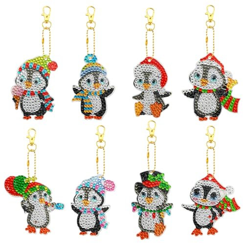 5D Diamond Painting Anhänger Set 8 Stück Weihnachten Pinguin Diy 5d Diamond Art Painting Keychain Diamantmalerei Schlüsselanhänger 5D Einseitig Diamond Painting für Kinder Mädchen Geschenkidee