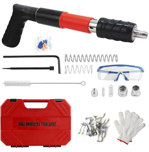 5 Gears Manual Mini Nail Gun, 120Pcs Round Nails, Concrete Nail Gun, Mini Portable Nail Shooting Machine with Safety Glasses, Silencing Riveting Tool for Cement Wall/Household Woodworking-Red