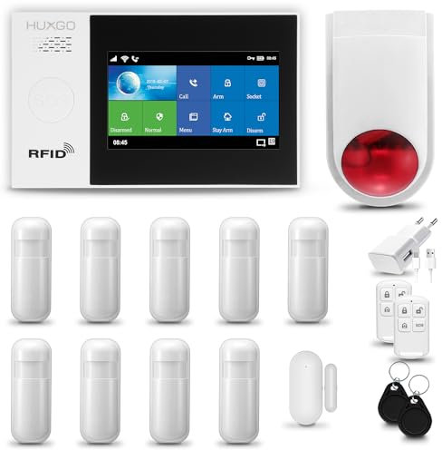 HUXGO® HXA007 Sistema di allarme casa senza fili con radio Sirena esterna WiFi + GSM | Impianto allarme casa kit con 1x sensori di allarme per finestre/portes, 9x rilevatori di movimento