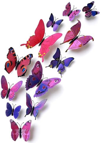 12 Stück 3D Schmetterlinge Deko, Aufkleber, DIY Dekoration für Wohnzimmer, Kinderzimmer, Weihnachten, Hochzeit, Party, Wanddeko, Tischdeko (Pink-Lila)