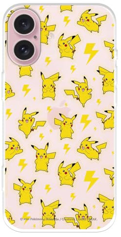 Schutzhülle kompatibel mit iPhone 16, offizielles Pokémon-Pikachu-Muster zum Schutz Ihres Handys. Transparente Silikonhülle, flexibel, mit offizieller Pokémon-Lizenz