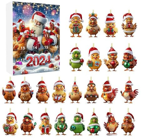 2024 Hühner-Adventskalender, Weihnachts-Huhn mit Weihnachtsmannmützen, Countdown-Kalender, 24 Tage Weihnachts-Adventskalender, Huhn-Anhänger, Weihnachts-Sammelanhänger für Feiertage