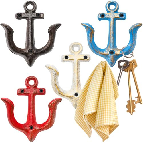 yarlung 4 Pack Vintage Nautical Anchor Design Wall Hooks, Shabby Chic Cast Iron Coat Hooks Rack, Decorative Wall Mount Rustic Metal Towel Hanger, 4 Colors