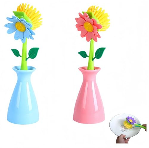 Vyloky Spülbürsten-Set in Blumenform – Mit Griff & Ständer, schonend zu Antihaft-Pfannen, Töpfen & Waschbecken (Rosa-Blau-Kombi)