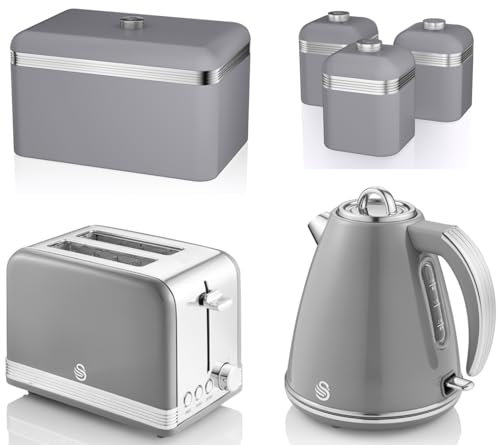 SWAN Retro Grey 1.5L 3KW Jug Kettle, 2 Slice Toaster, Bread Bin and Tea, Coffee & Sugar Canisters. Matching Retro Design Kitchen Set of 6 in Grey