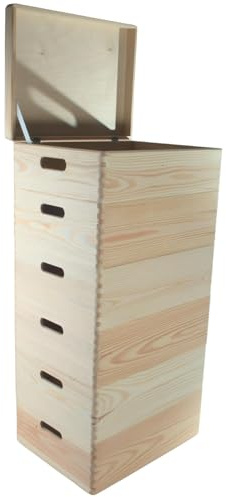WooDeeDoo 6 Tier Stackable Wooden Storage Box Set with Lid & Handles - Large Shallow Pine Crates Modular Tray Tower Desk Shelf Utility Home Office Entry Hallway Organiser - 40 x 30 x 79.5 cm