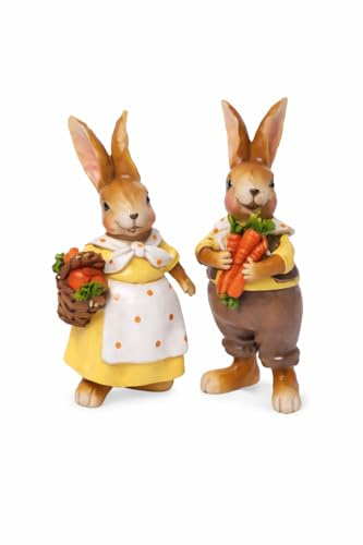 Logbuch-Verlag 2er Set Osterhasen sitzend mit Karotten – Dekofiguren 13 cm aus Polyresin – Frühlingsdeko in Braun Orange Weiß – Osterdeko zum Hinstellen