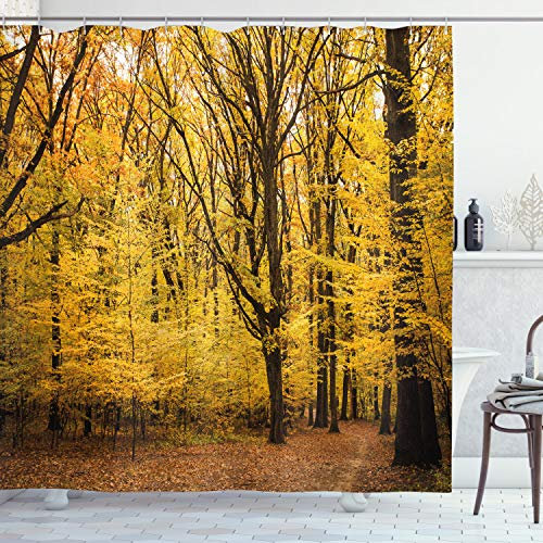 ABAKUHAUS Wald Duschvorhang, Herbst in der Natur Theme, Stoffliches Gewebe Badezimmerdekorationsset mit Haken, 175 x 200 cm, Gelb Braun