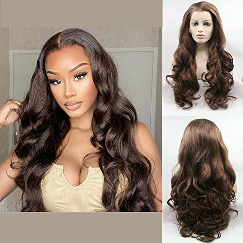 6# Dunkelbraune Perücke, gewellt, hoher Temperatur, natürlicher Haaransatz, reine Farbe, synthetische Perücke mit Lace-Front-Perücke für Drag Queen, Frauen, Party, Hochzeit, 55,9 cm