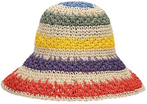jiheousty Frauen Sommer handgemachte Häkelstroh Sonnenhut Regenbogen Bunte Streifen Patchwork breite Krempe Sonnencreme Urlaub Strandkappe