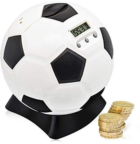MOMMED Digital Counting spardose mit zähler, Fußball Sparschwein groß für Kinder, Früherziehung mit automatischem LCD-Display, Balck, Weiß