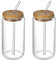 JKIOHO Lot de 2 verres à boire avec couvercles en bambou et pailles transparentes en forme de canette pour whisky, soda, café glacé, thé glacé, eau glacée, transparent