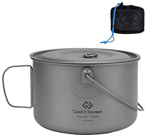 COOK'N'ESCAPE 1300 ml Titan-Hängetopf mit Deckel, Kochgeschirr-Topf mit faltbarem, faltbarem Bügelgriff, Outdoor, Camping, Trinkbecher, Rucksackreisen, Wandern, Lagerfeuer, Grau
