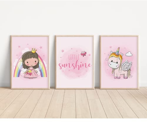 MeinBaby123® Einhorn Bilder Kinderzimmer | 3er Set DIN A4 | Einhorn Deko | Kinderzimmer Poster Set | Einhorn Geschenke für Mädchen | Kinderzimmer Deko Mädchen | Baby Geschenk (Einhorn V3)