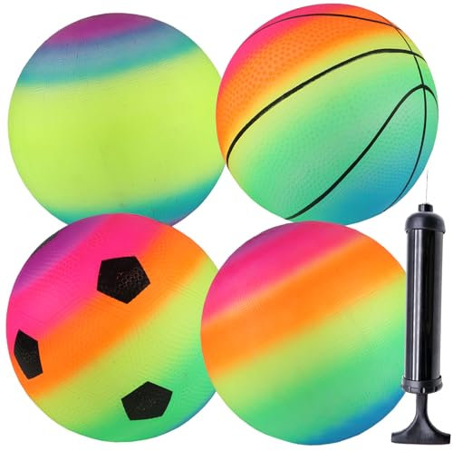 smilixin 4 Stück Bouncy Kickball,PVC Regenbogen Ball Kinder,Kinder Spielball Strandball mit Pumpe,Fußball Softball Kinderball für Drinnen und Draußen,8.5 Zoll