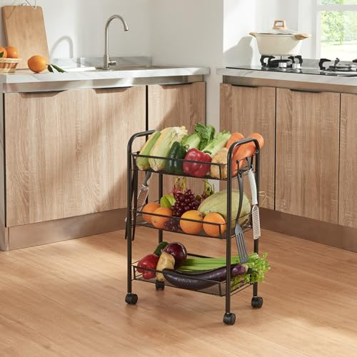 [en.casa] Rollwagen Tromsø Beistellwagen mit 3 Ebenen mehrlagiges Küchenregal mit Rädern Servierwagen aus Stahl rollendes Regal für Küche, Bad 63 x 44 x 26 cm Schwarz
