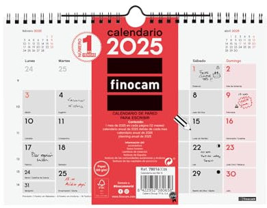 Finocam - Calendario Neutro de Pared para Escribir 2025 Mes Vista Enero 2025 - Diciembre 2025 (12 meses) Español