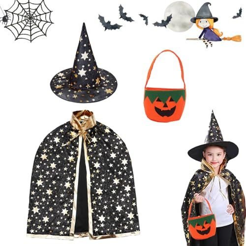 Coffee Life Plus Cape du Magicien D'halloween,Cape de Sorcier pour Enfants,Chapeau et Cape Magicien,pour filles et garçons Cape et Chapeau de Sorcière avec Sac de Bonbons Citrouille, (noir)