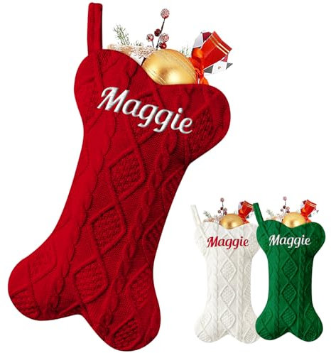 Hunde Weihnachtsstrumpf Personalisiert Name für Haustier 43cm große Christmas Stockings Knochenform Nikolausstrumpf zum Aufhängen am Kamin für Party Weihnachten Deko, 1 Stück, Rot/Grün/Weiß