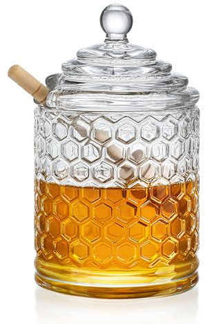 H&D HYALINE & DORA - Tarro de miel de cristal transparente con cucharón y tapa, tarro de miel de cristal con dispensador, recipiente para miel y jarabe para la cocina del hogar