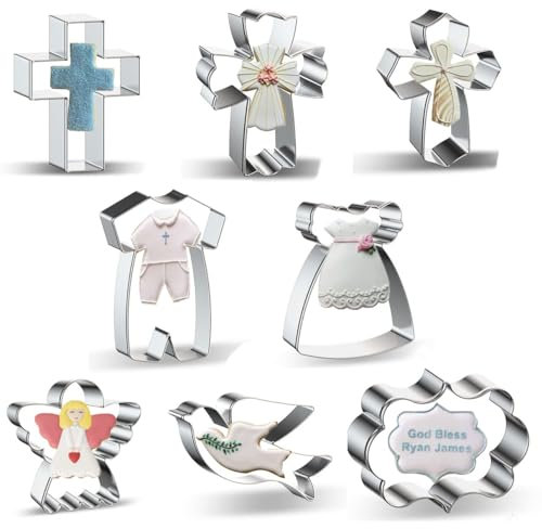 Cortador de galletas en forma de cruz para comunión, juego de 8 piezas, moldes para palomas, cortadores de galletas, cáliz, alas de ángel, cortadores de peces, decoración de bautizos cristianos