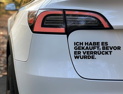 ICH HABE ES GEKAUFT, BEVOR ER VERRÜCKT WURDE (I Bought this before Elon went Crazy) - ca. 18 x 6,6 cm - Das Sons of Battery Original Design auf Deutsch Tesla Auto Aufkleber Statement (Schwarz)