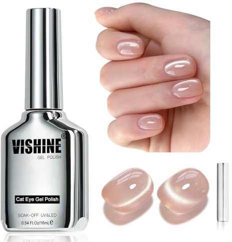 Vishine Glassy Cat Eye Gel Nail Polish, 16ml Nude Glitter Holographic Gel Polish with Magnet, Reflective Translucent Skin Nude #415