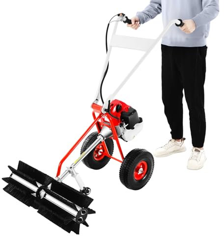 43CC 1,7 PS Benzin Kehrmaschine, 2-Takt Benzinmotor Handschubkehr Maschine, Unkraut Entferner mit Räder und Griff, für Gehweg Gras Schnee Reinigung Rasen