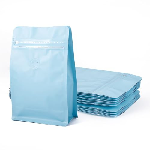 Crafans 10Pcs Coffee Beans Bags with Valve Rectangle Zipper Coffee Storage Bags Rectangle Flat Bottom Standing Resealable Pouches for Candy Snake Cookies Storage, Pale Turquoise