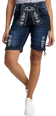 STEIGENHÖFER Trachtenjeans - Lisa – Stretch Shorts Capri Hose im Lederhosen-Look – Trachten Jeans Kurze Hose Damen fürs Oktoberfest - Tracht Lederhose Damenjeans - Blau - 46